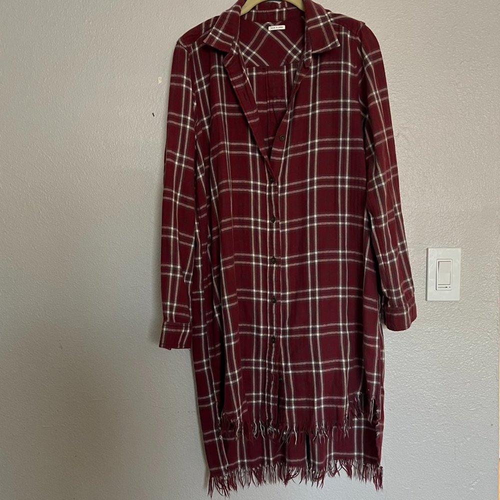 Plaid Raw Hem Button Down Lace Up Back Dress M